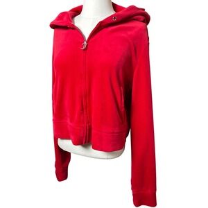 Juicy Couture Red Velour Zip Up Hoodie Cropped Sweatshirt Womens Large Y2K Bling